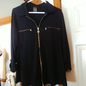 Anne Klein 3/4 sleeve black zip front top shirt 1X